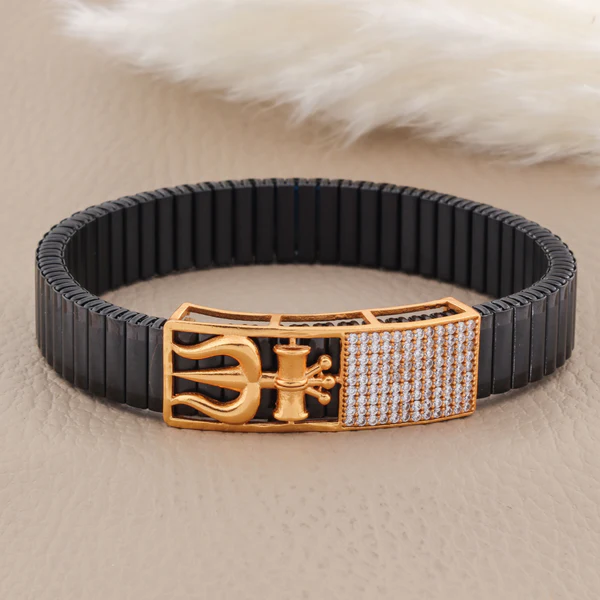 π€π±π₯π 925 Silver Black Bracelet with πΉ Rose Gold Trishul-Damru Symbol and β¨ Diamond-Accented Panel