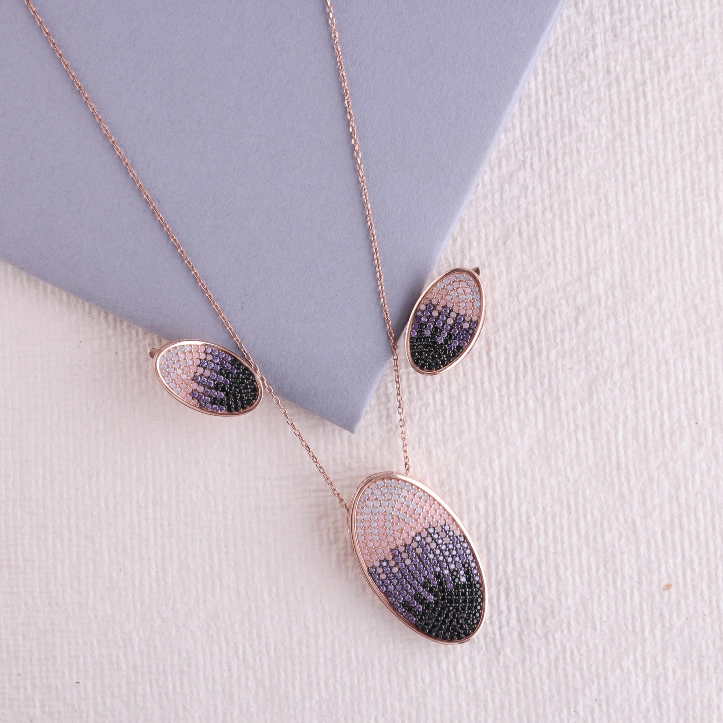 β¨ 925 Sterling Silver Oval Pendant & Earrings Set β¨ πΉ Rose Gold Finish | Gradient CZ in White, Purple & Black | π Stylish Party Wear Jewelry