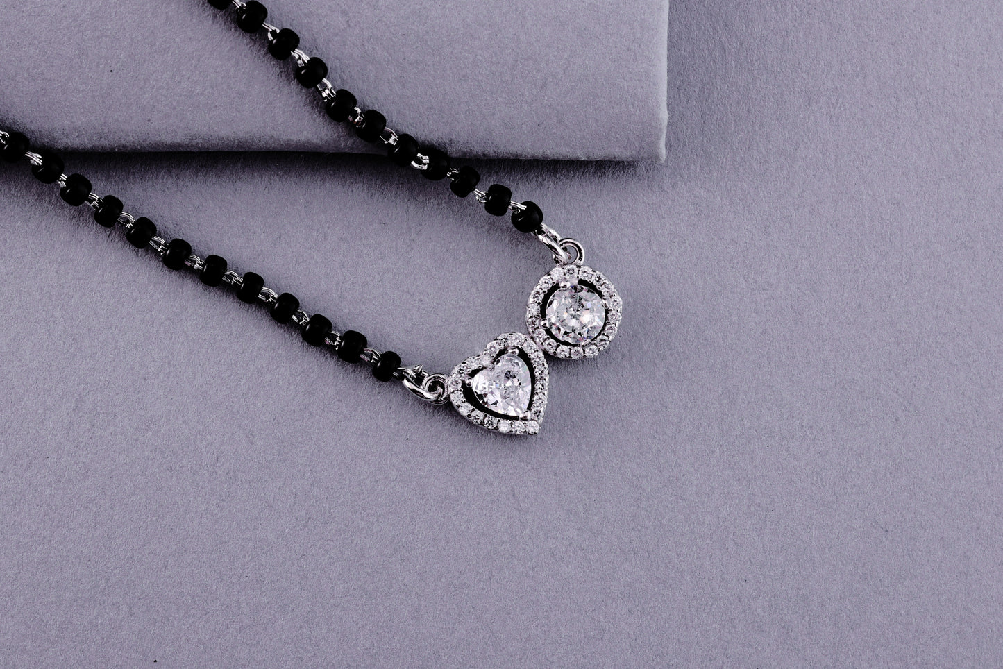 💖💍 925 Sterling Silver Heart & Round Dual Pendant Mangalsutra – 🖤 Stylish Black Bead Necklace with CZ Stones for Married Women