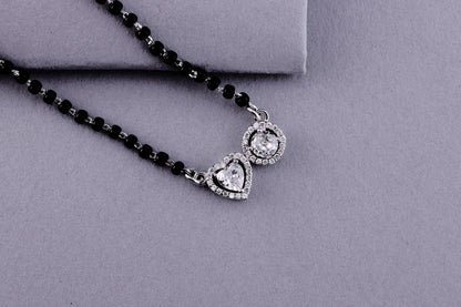 💖💍 925 Sterling Silver Heart & Round Dual Pendant Mangalsutra – 🖤 Stylish Black Bead Necklace with CZ Stones for Married Women