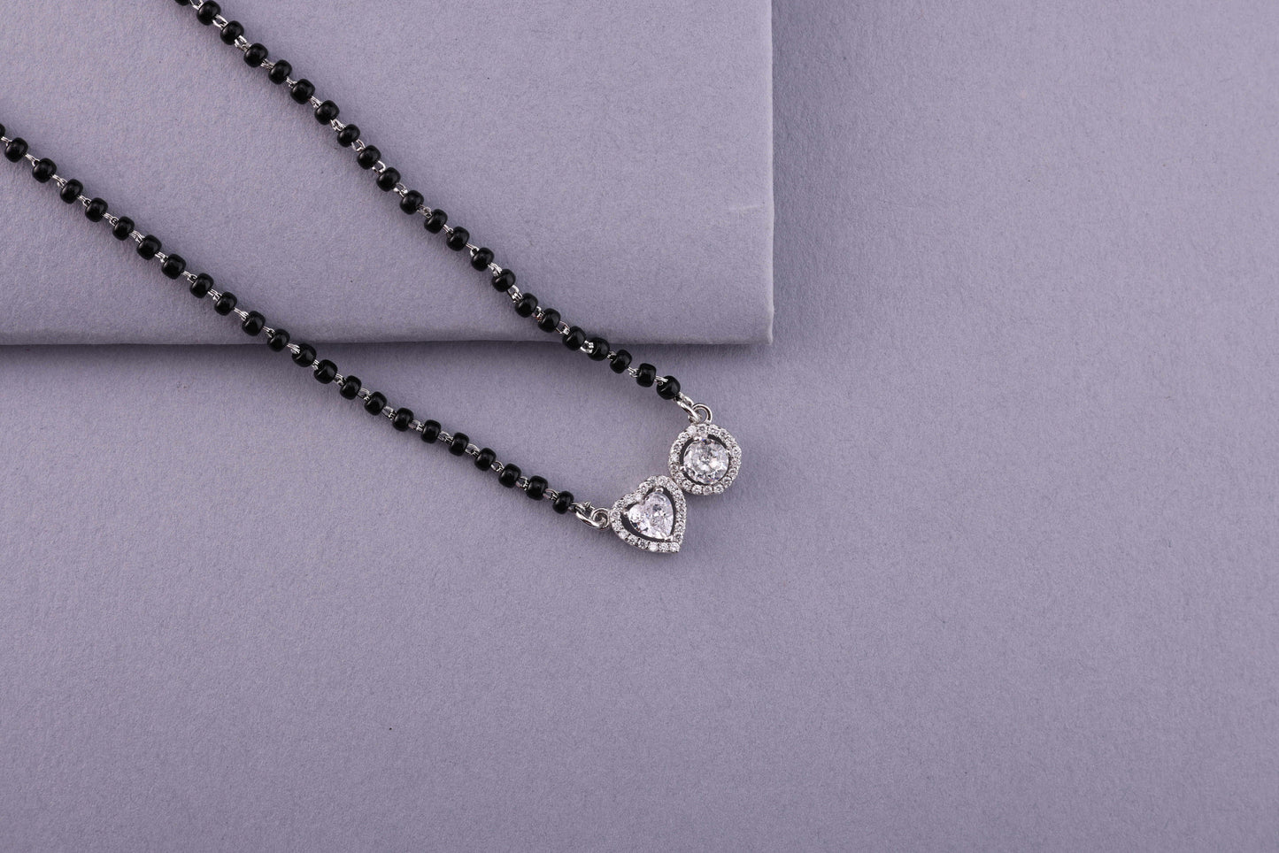💖💍 925 Sterling Silver Heart & Round Dual Pendant Mangalsutra – 🖤 Stylish Black Bead Necklace with CZ Stones for Married Women