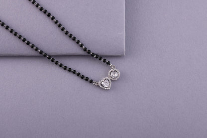 💖💍 925 Sterling Silver Heart & Round Dual Pendant Mangalsutra – 🖤 Stylish Black Bead Necklace with CZ Stones for Married Women