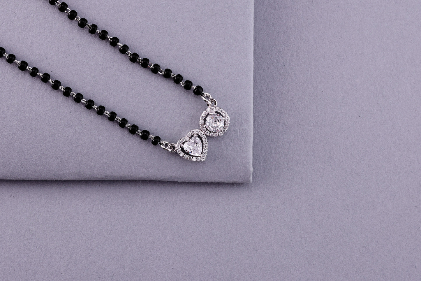 💖💍 925 Sterling Silver Heart & Round Dual Pendant Mangalsutra – 🖤 Stylish Black Bead Necklace with CZ Stones for Married Women