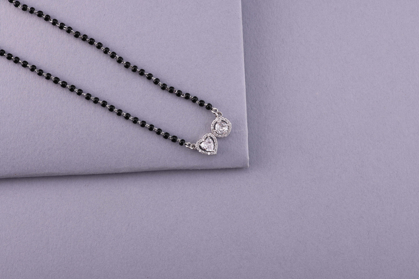 💖💍 925 Sterling Silver Heart & Round Dual Pendant Mangalsutra – 🖤 Stylish Black Bead Necklace with CZ Stones for Married Women