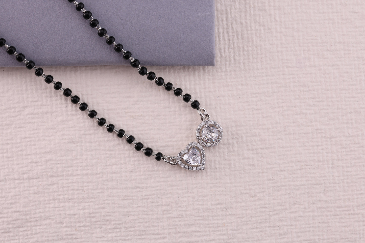 💖💍 925 Sterling Silver Heart & Round Dual Pendant Mangalsutra – 🖤 Stylish Black Bead Necklace with CZ Stones for Married Women