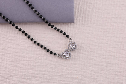 💖💍 925 Sterling Silver Heart & Round Dual Pendant Mangalsutra – 🖤 Stylish Black Bead Necklace with CZ Stones for Married Women
