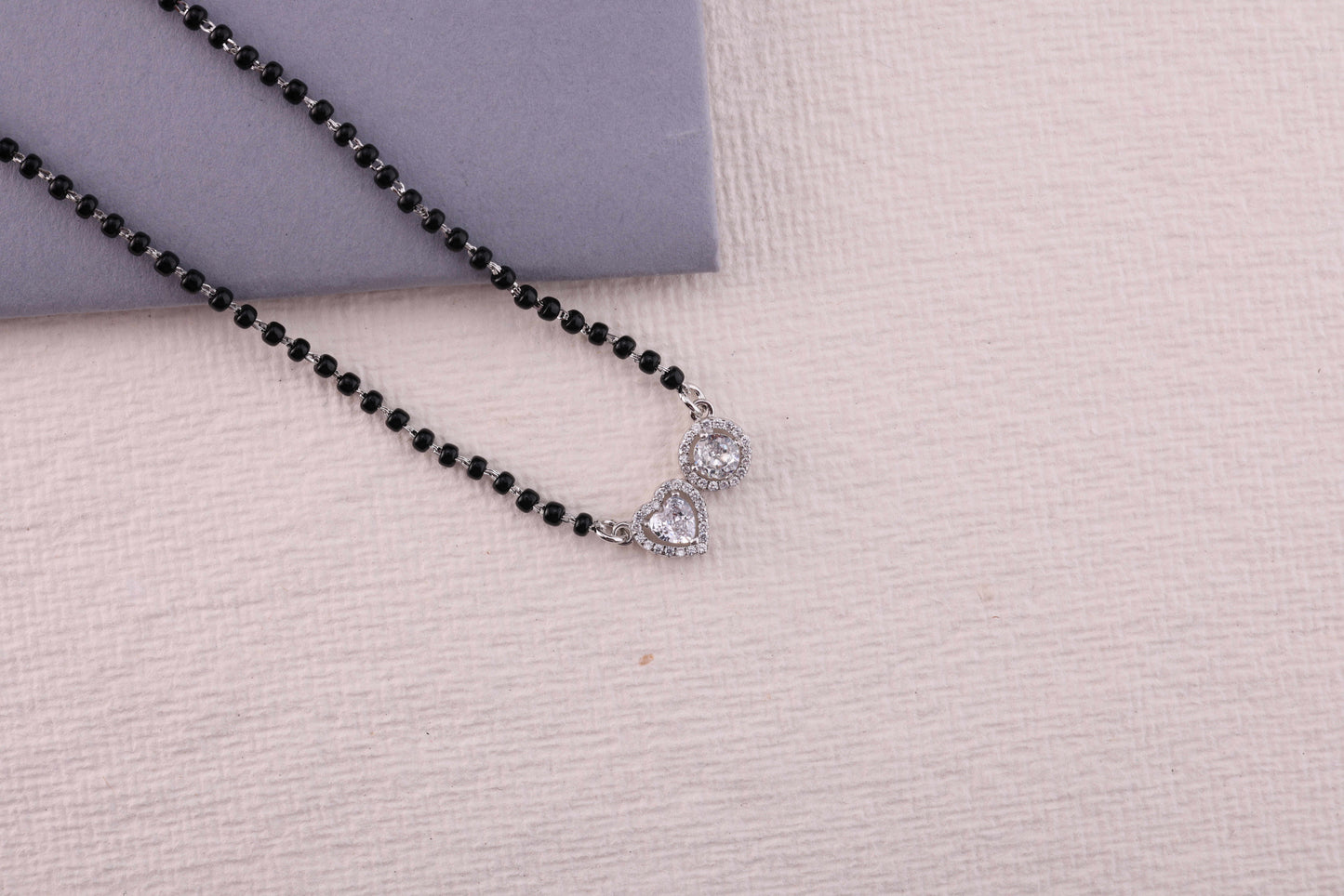 💖💍 925 Sterling Silver Heart & Round Dual Pendant Mangalsutra – 🖤 Stylish Black Bead Necklace with CZ Stones for Married Women