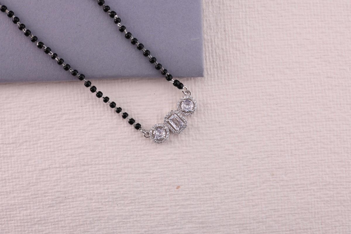 💍✨ 925 Sterling Silver Triple CZ Pendant Mangalsutra – ▭⚪ Rectangle & Round Design with 🖤 Black Beads for Women | 🌸 Elegant Everyday & Festive Jewelry