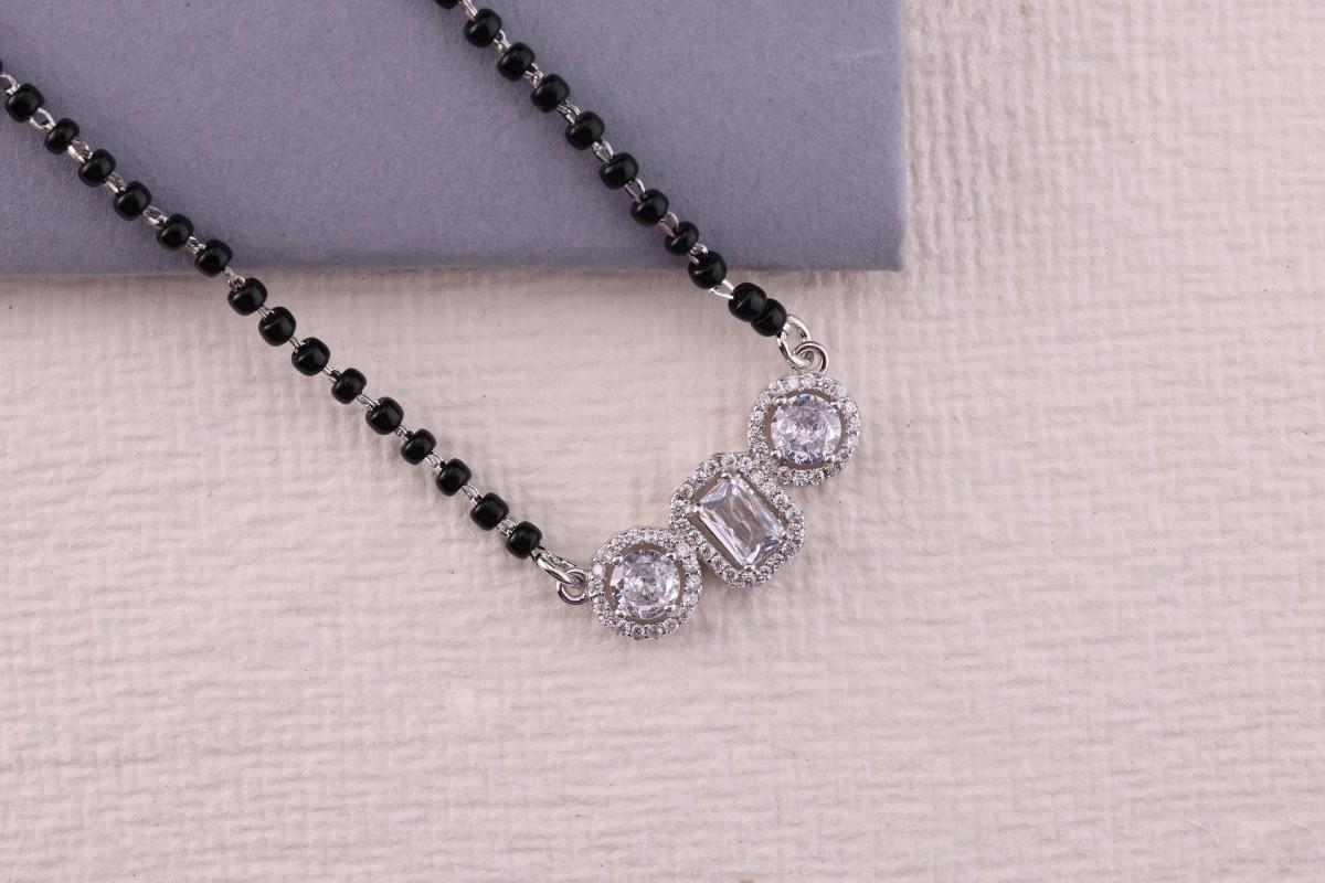 💍✨ 925 Sterling Silver Triple CZ Pendant Mangalsutra – ▭⚪ Rectangle & Round Design with 🖤 Black Beads for Women | 🌸 Elegant Everyday & Festive Jewelry