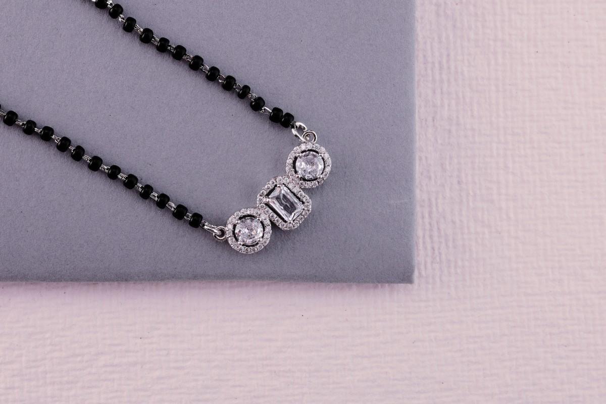 💍✨ 925 Sterling Silver Triple CZ Pendant Mangalsutra – ▭⚪ Rectangle & Round Design with 🖤 Black Beads for Women | 🌸 Elegant Everyday & Festive Jewelry