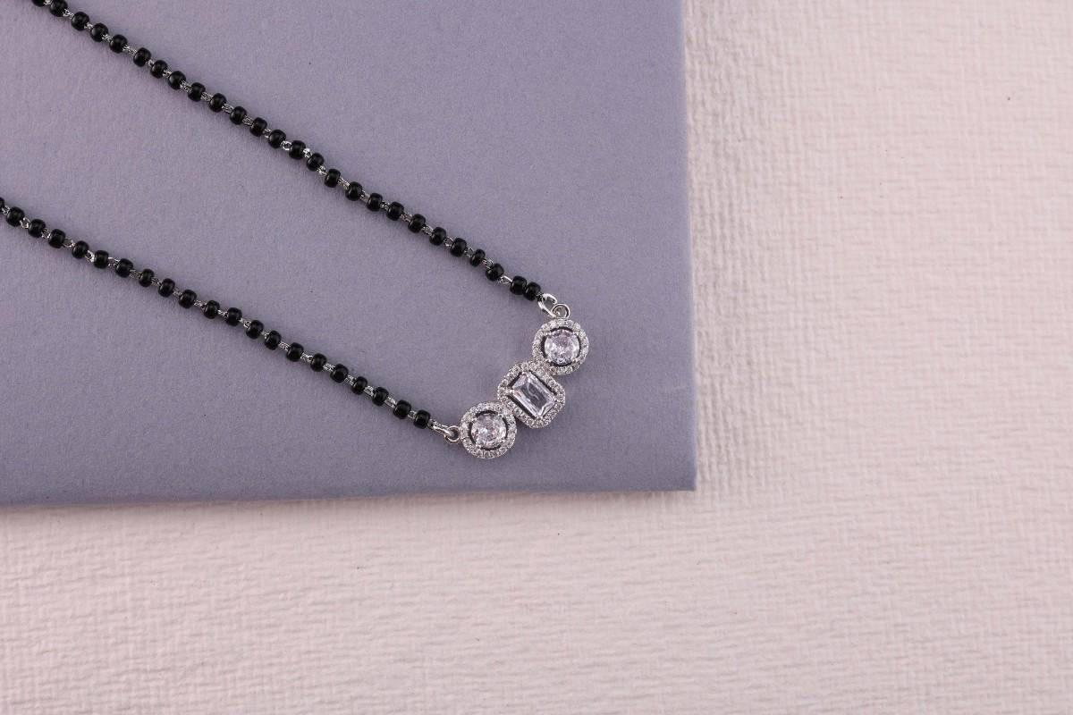 💍✨ 925 Sterling Silver Triple CZ Pendant Mangalsutra – ▭⚪ Rectangle & Round Design with 🖤 Black Beads for Women | 🌸 Elegant Everyday & Festive Jewelry