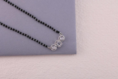 💍✨ 925 Sterling Silver Triple CZ Pendant Mangalsutra – ▭⚪ Rectangle & Round Design with 🖤 Black Beads for Women | 🌸 Elegant Everyday & Festive Jewelry