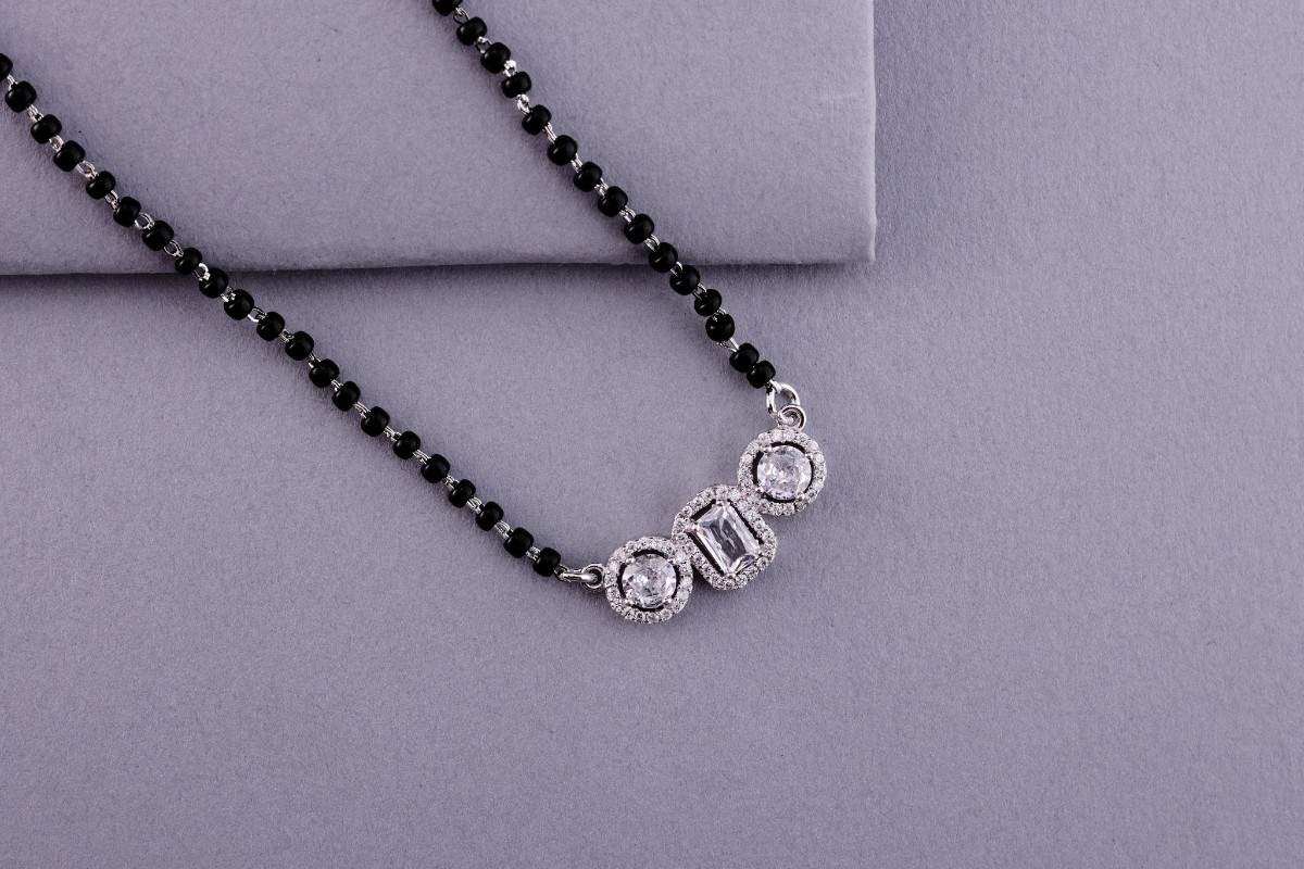 💍✨ 925 Sterling Silver Triple CZ Pendant Mangalsutra – ▭⚪ Rectangle & Round Design with 🖤 Black Beads for Women | 🌸 Elegant Everyday & Festive Jewelry
