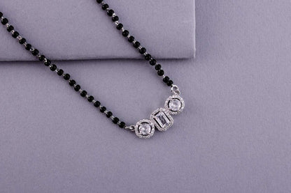💍✨ 925 Sterling Silver Triple CZ Pendant Mangalsutra – ▭⚪ Rectangle & Round Design with 🖤 Black Beads for Women | 🌸 Elegant Everyday & Festive Jewelry