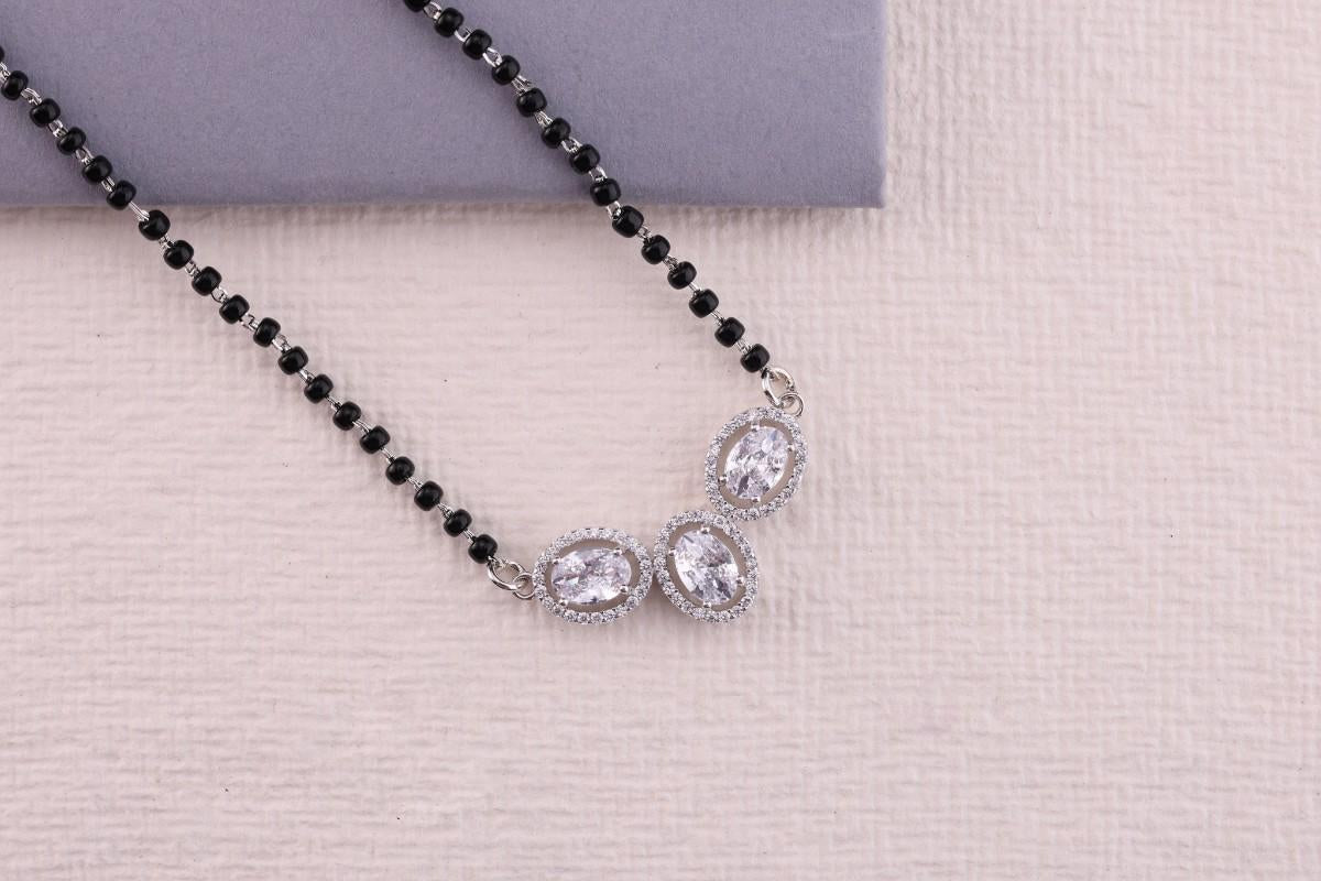 💍✨ 925 Sterling Silver Oval Triple Pendant Mangalsutra – 🔹💎 Sparkling CZ Halo Design with 🖤 Black Bead Chain for Women | 🌸 Elegant Daily & Festive Jewelry