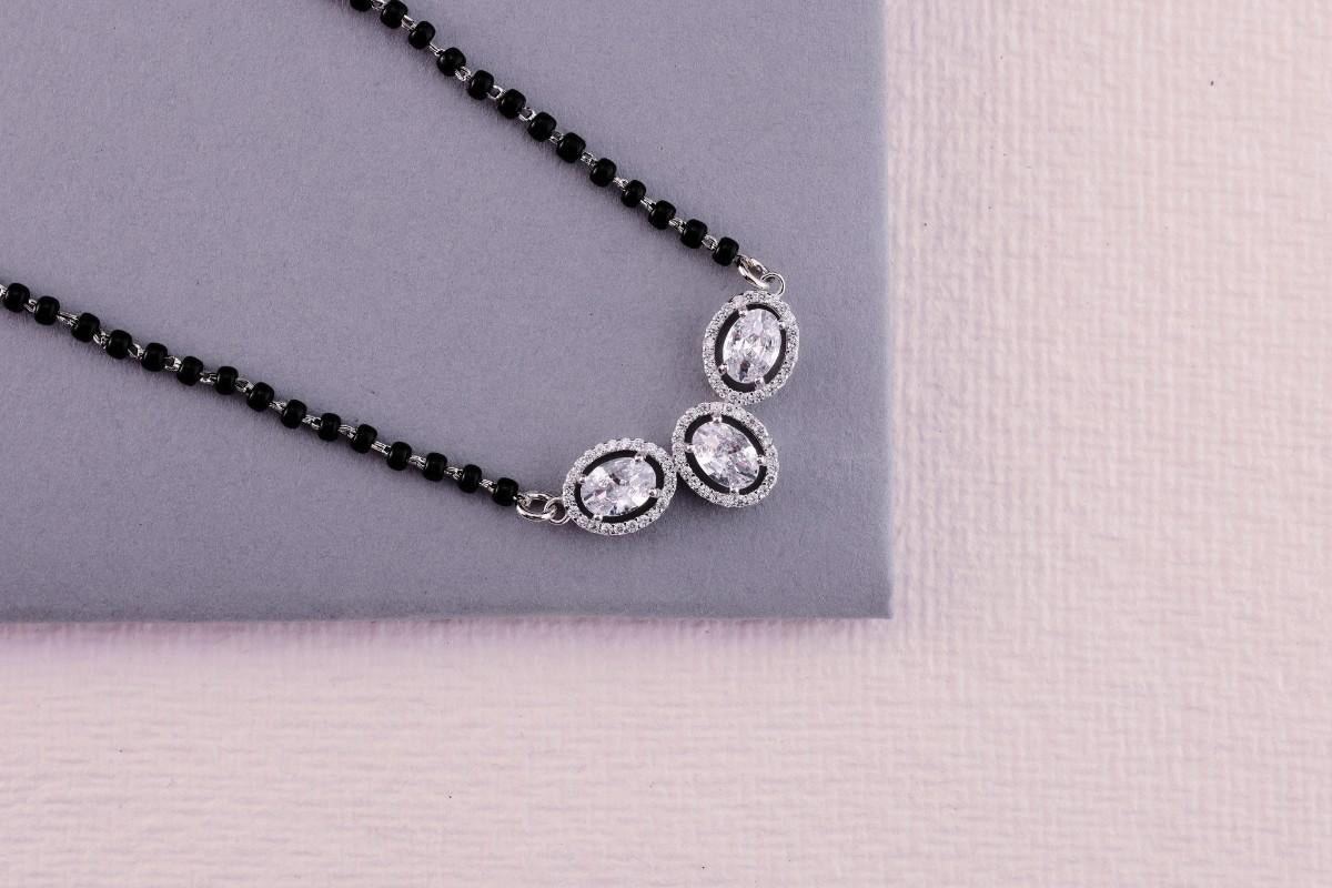 💍✨ 925 Sterling Silver Oval Triple Pendant Mangalsutra – 🔹💎 Sparkling CZ Halo Design with 🖤 Black Bead Chain for Women | 🌸 Elegant Daily & Festive Jewelry