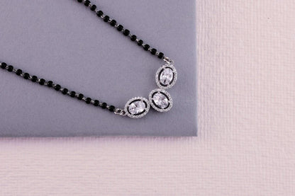 💍✨ 925 Sterling Silver Oval Triple Pendant Mangalsutra – 🔹💎 Sparkling CZ Halo Design with 🖤 Black Bead Chain for Women | 🌸 Elegant Daily & Festive Jewelry