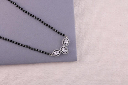 💍✨ 925 Sterling Silver Oval Triple Pendant Mangalsutra – 🔹💎 Sparkling CZ Halo Design with 🖤 Black Bead Chain for Women | 🌸 Elegant Daily & Festive Jewelry