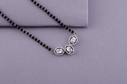 💍✨ 925 Sterling Silver Oval Triple Pendant Mangalsutra – 🔹💎 Sparkling CZ Halo Design with 🖤 Black Bead Chain for Women | 🌸 Elegant Daily & Festive Jewelry