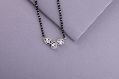 💍✨ 925 Sterling Silver Oval Triple Pendant Mangalsutra – 🔹💎 Sparkling CZ Halo Design with 🖤 Black Bead Chain for Women | 🌸 Elegant Daily & Festive Jewelry