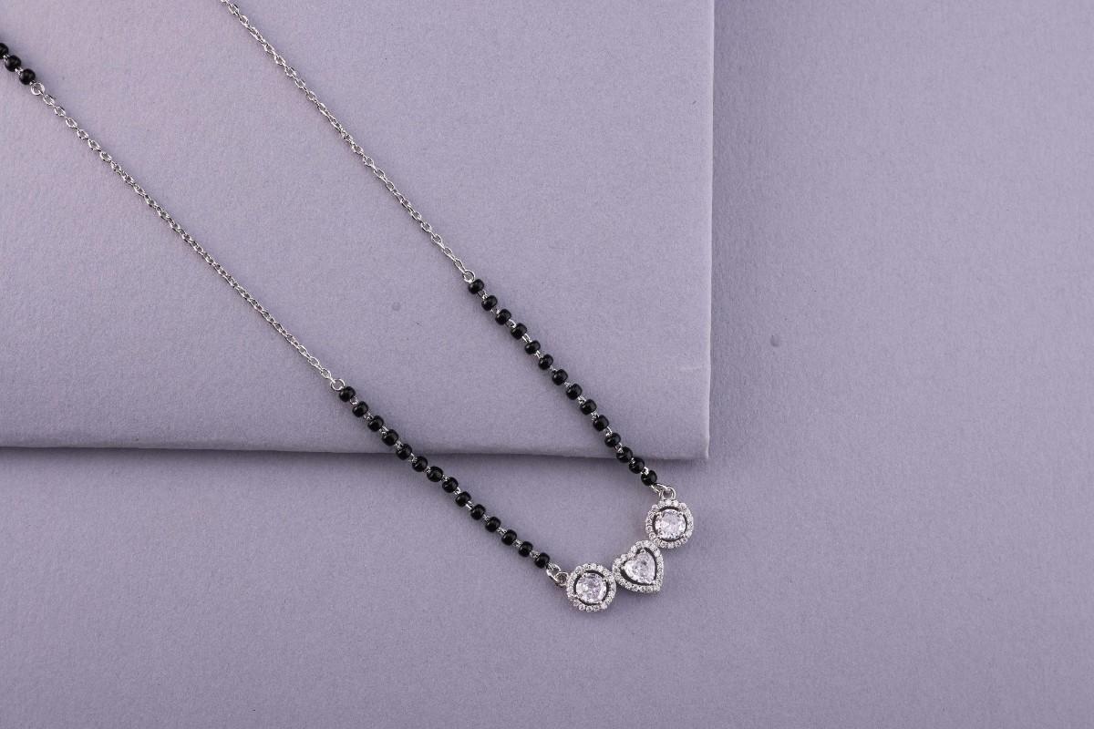 💖💍 925 Sterling Silver Heart-Center Triple CZ Pendant Mangalsutra – ✨ Elegant Halo Design with 🖤 Black Beads for Women | 🌸 Festive & Everyday Jewelry