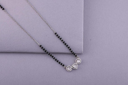 💖💍 925 Sterling Silver Heart-Center Triple CZ Pendant Mangalsutra – ✨ Elegant Halo Design with 🖤 Black Beads for Women | 🌸 Festive & Everyday Jewelry