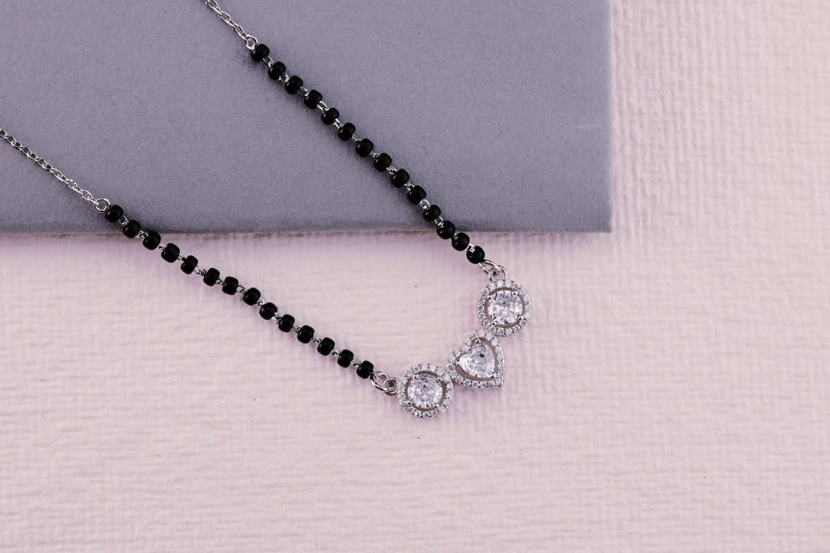 💖💍 925 Sterling Silver Heart-Center Triple CZ Pendant Mangalsutra – ✨ Elegant Halo Design with 🖤 Black Beads for Women | 🌸 Festive & Everyday Jewelry