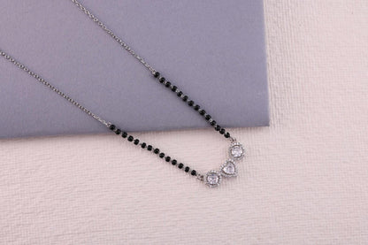 💖💍 925 Sterling Silver Heart-Center Triple CZ Pendant Mangalsutra – ✨ Elegant Halo Design with 🖤 Black Beads for Women | 🌸 Festive & Everyday Jewelry