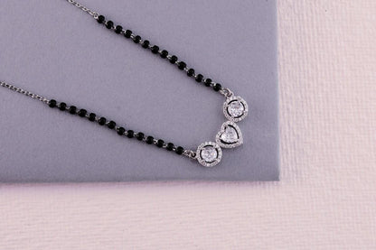 💖💍 925 Sterling Silver Heart-Center Triple CZ Pendant Mangalsutra – ✨ Elegant Halo Design with 🖤 Black Beads for Women | 🌸 Festive & Everyday Jewelry