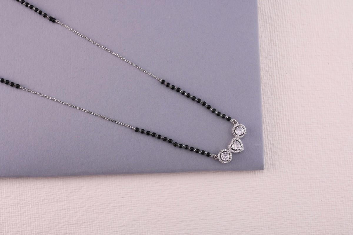 💖💍 925 Sterling Silver Heart-Center Triple CZ Pendant Mangalsutra – ✨ Elegant Halo Design with 🖤 Black Beads for Women | 🌸 Festive & Everyday Jewelry