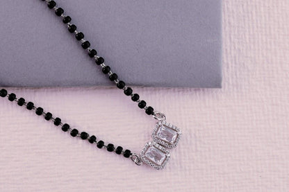 💎💍 925 Sterling Silver Dual Emerald-Cut CZ Pendant Mangalsutra – ✨ Elegant Halo Design with 🖤 Black Bead Chain | 🌸 Minimalist Ethnic Jewelry for Women