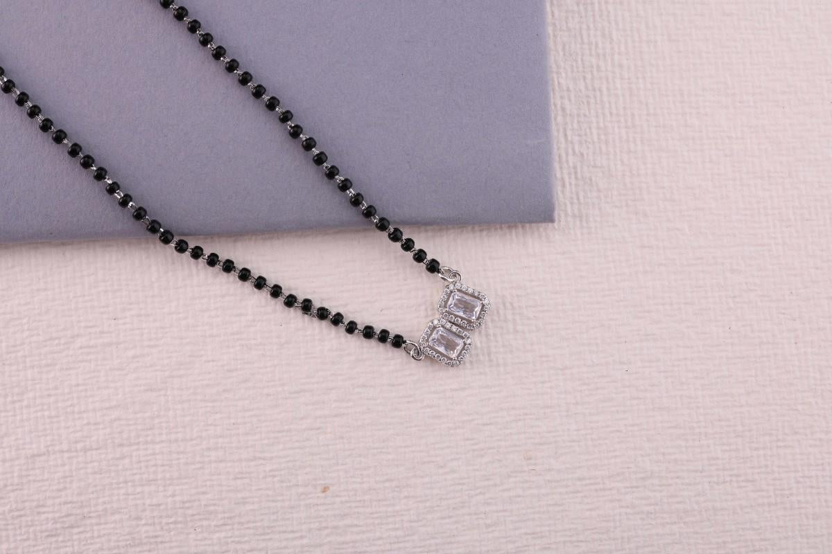 💎💍 925 Sterling Silver Dual Emerald-Cut CZ Pendant Mangalsutra – ✨ Elegant Halo Design with 🖤 Black Bead Chain | 🌸 Minimalist Ethnic Jewelry for Women