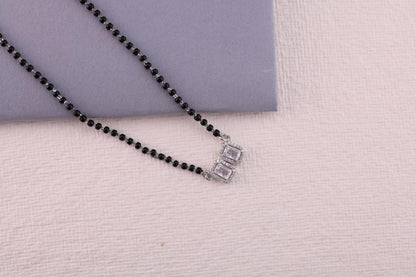 💎💍 925 Sterling Silver Dual Emerald-Cut CZ Pendant Mangalsutra – ✨ Elegant Halo Design with 🖤 Black Bead Chain | 🌸 Minimalist Ethnic Jewelry for Women