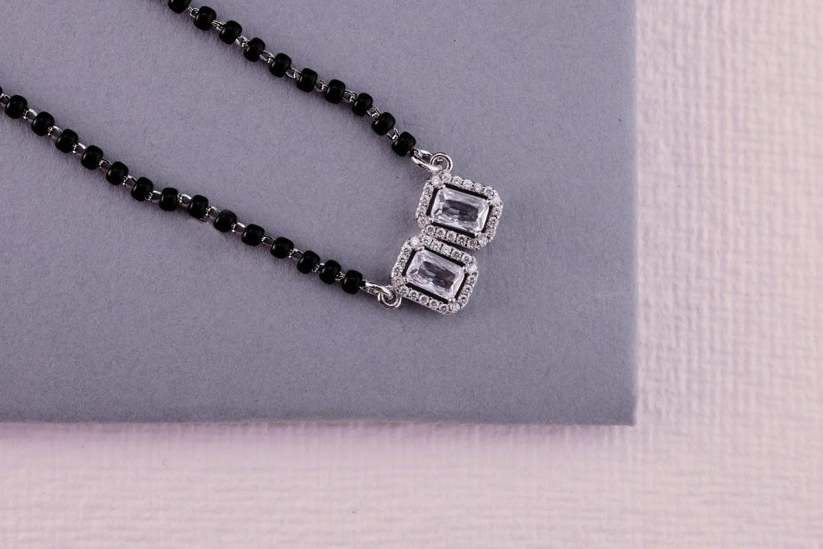 💎💍 925 Sterling Silver Dual Emerald-Cut CZ Pendant Mangalsutra – ✨ Elegant Halo Design with 🖤 Black Bead Chain | 🌸 Minimalist Ethnic Jewelry for Women