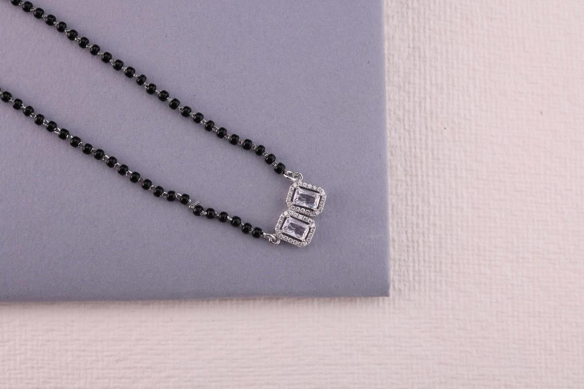 💎💍 925 Sterling Silver Dual Emerald-Cut CZ Pendant Mangalsutra – ✨ Elegant Halo Design with 🖤 Black Bead Chain | 🌸 Minimalist Ethnic Jewelry for Women