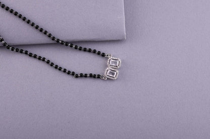 💎💍 925 Sterling Silver Dual Emerald-Cut CZ Pendant Mangalsutra – ✨ Elegant Halo Design with 🖤 Black Bead Chain | 🌸 Minimalist Ethnic Jewelry for Women