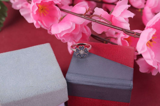💍 925 Sterling Silver Blue Floral Ring 🌸 Elegant Four-Leaf Design