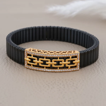 🖤✨🔗 925 Silver Modern Black Bracelet with 🌹 Rose Gold Chain-Link Design and 💎 Crystal Border