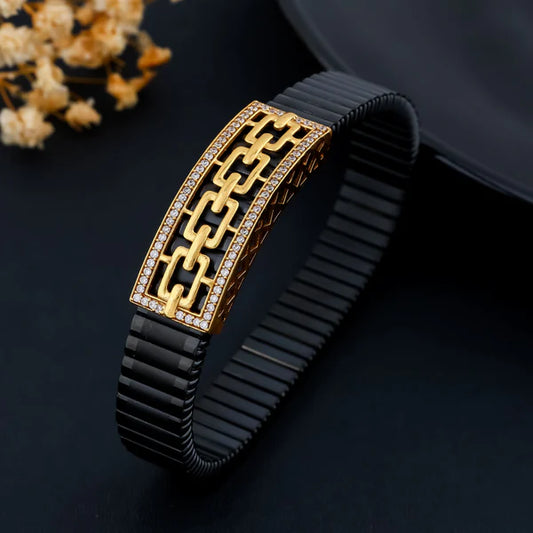 🖤✨🔗 925 Silver Modern Black Bracelet with 🌹 Rose Gold Chain-Link Design and 💎 Crystal Border