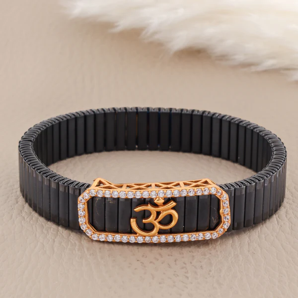 🖤✨🔱 925 Silver Elegant Black Bracelet with 🌹 Rose Gold Om Symbol and 💎 Crystal Accents