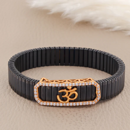 🖤✨🔱 925 Silver Elegant Black Bracelet with 🌹 Rose Gold Om Symbol and 💎 Crystal Accents