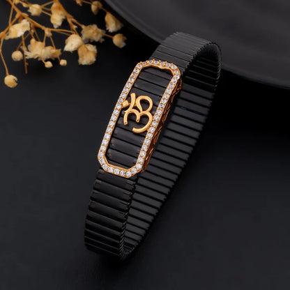 🖤✨🔱 925 Silver Elegant Black Bracelet with 🌹 Rose Gold Om Symbol and 💎 Crystal Accents