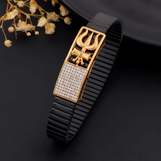 🖤🔱🥁💎 925 Silver Black Bracelet with 🌹 Rose Gold Trishul-Damru Symbol and ✨ Diamond-Accented Panel