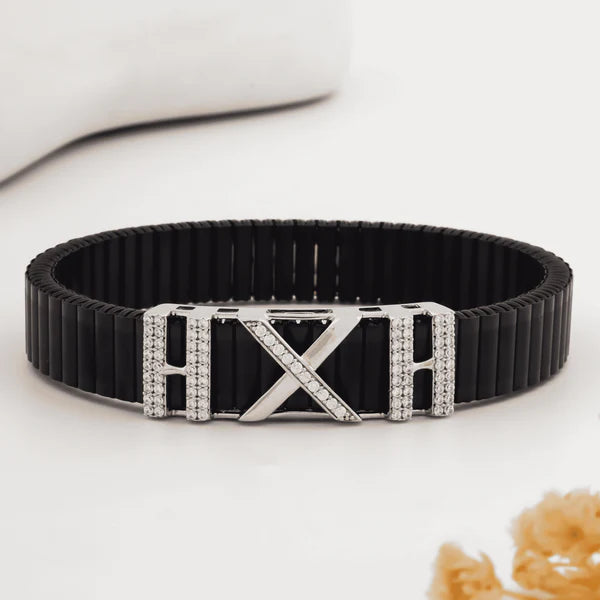 🖤✨🌹 925 Silver Sleek Black Bracelet with ⏳ Rose Gold Roman Numeral "X" Design and 💎 Crystal Embellishments