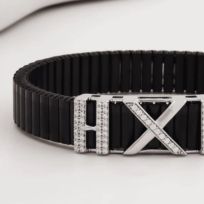 🖤✨🌹 925 Silver Sleek Black Bracelet with ⏳ Rose Gold Roman Numeral "X" Design and 💎 Crystal Embellishments