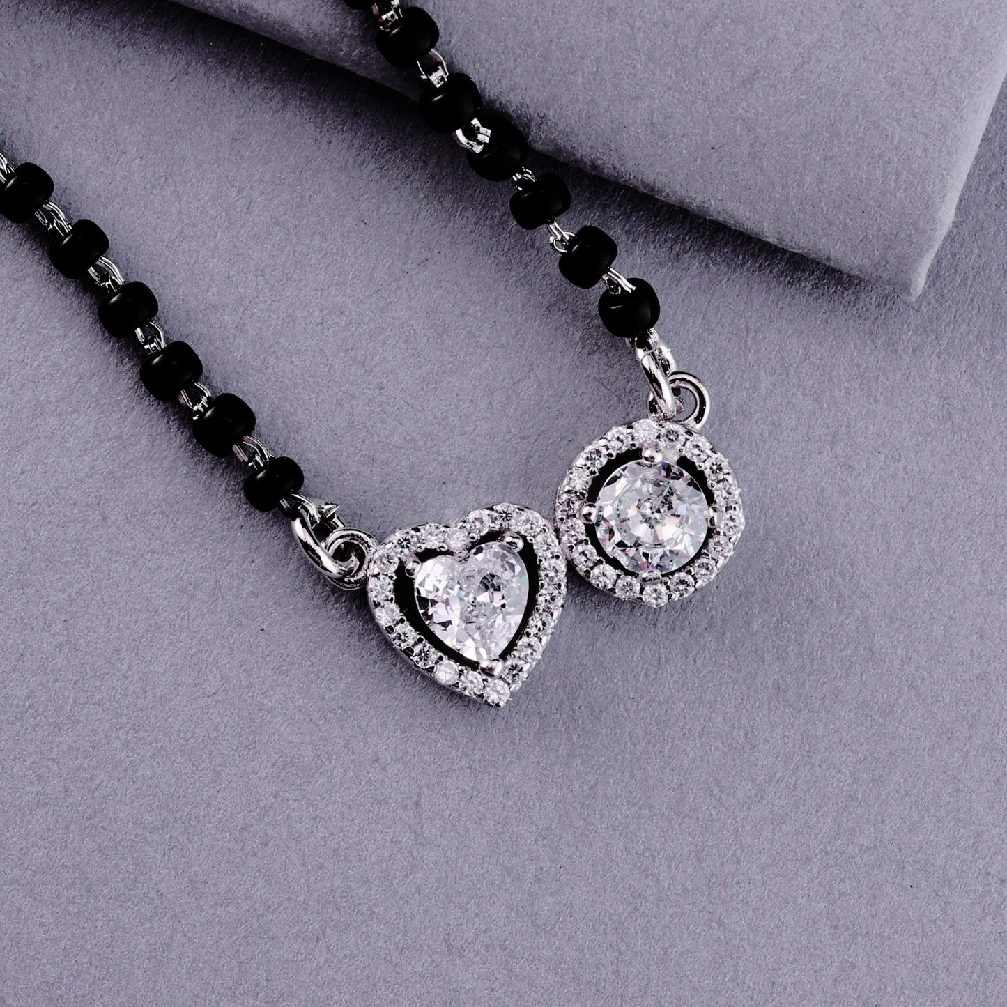 💖💍 925 Sterling Silver Heart & Round Dual Pendant Mangalsutra – 🖤 Stylish Black Bead Necklace with CZ Stones for Married Women