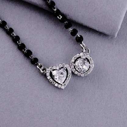 💖💍 925 Sterling Silver Heart & Round Dual Pendant Mangalsutra – 🖤 Stylish Black Bead Necklace with CZ Stones for Married Women