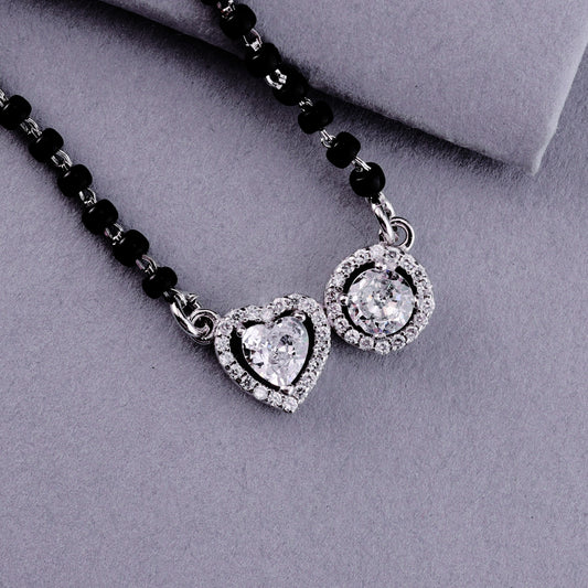 💖💍 925 Sterling Silver Heart & Round Dual Pendant Mangalsutra – 🖤 Stylish Black Bead Necklace with CZ Stones for Married Women