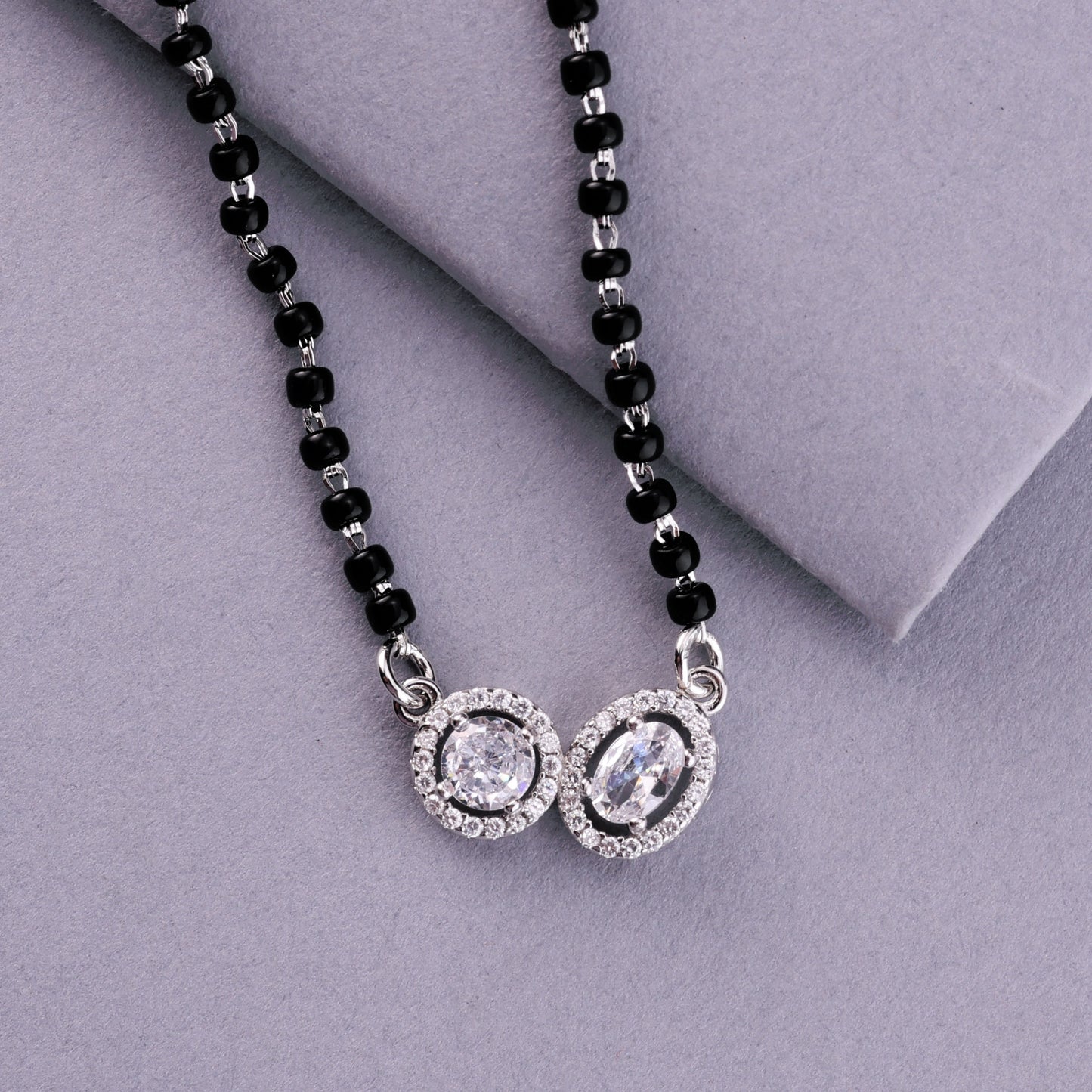 💍✨ 925 Sterling Silver Dual Pendant Mangalsutra with CZ Stones – 🖤 Elegant Minimalist Black Bead Necklace for Married Womenc