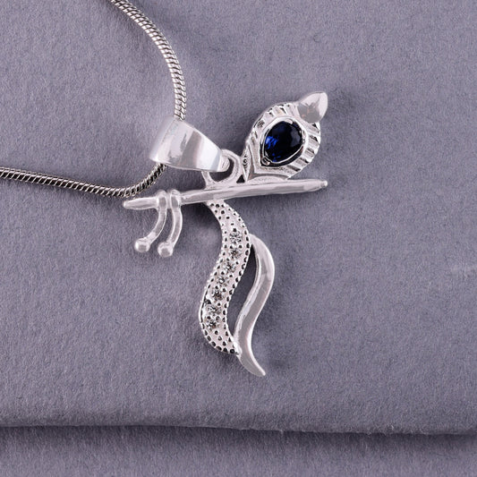 🎶925 Sterling Silver Krishna Feather & Flute Pendant with Blue CZ Stone | Unisex Symbolic Jewelry | Lightweight Daily Wear Pendant with Chain